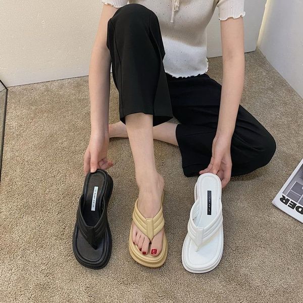 

slippers women 2021 clip toe sandals shoes wedge platform fashion dress high heels female flip flops casual, Black
