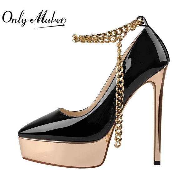 

dress shoes onlymaker women platform pumps patent leather thin high heels pointed toe ankle metal chain shallow big size, Black
