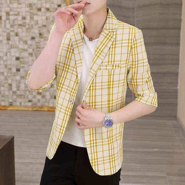 

luxury men's suits blazers summer seven point single wtern trend medium sleeve korean handsome net red stripe thin small suit men', White;black