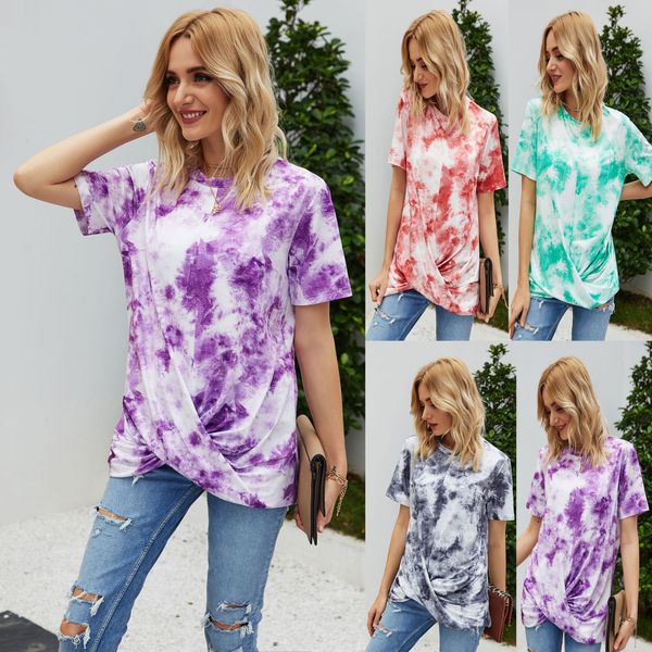 

2021 summer new women's short-sleeved round neck tie-dye twisted t-shirt top, White