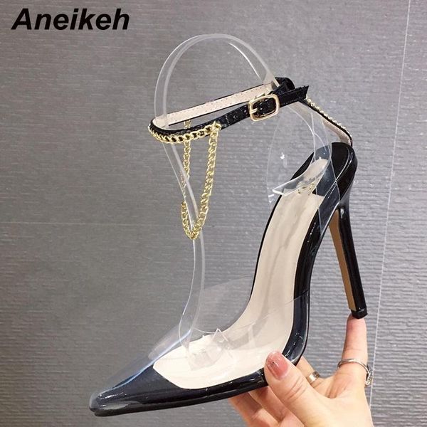 

aneikeh 2021 summer rose pvc gladiator sandals shoes woman high heel peep toe chain buckle party thin heels pumps, Black