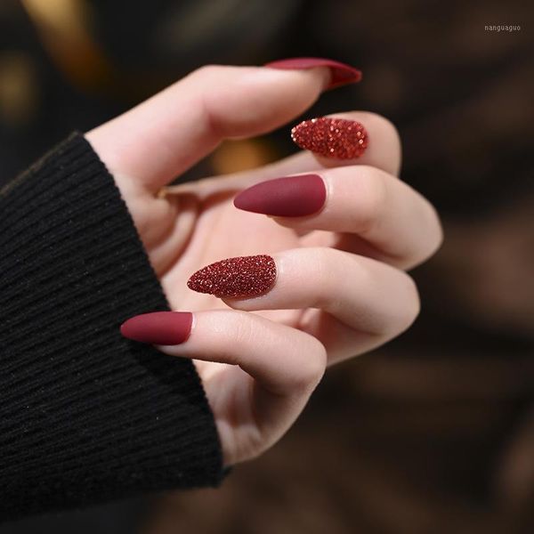 

professional press-on fake nails overhead colorful decorations with designs french manicure tools false1, Red;gold