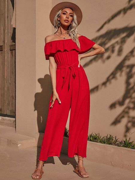 

off shoulder foldover belted jumpsuit k19x#, White