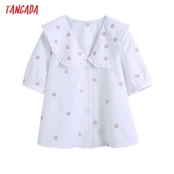 Tangada Kadınlar Retro Nakış Romantik Bluz Peter Pan Yaka Chic Kadın Yaz Gömlek Be580 210609 Tops