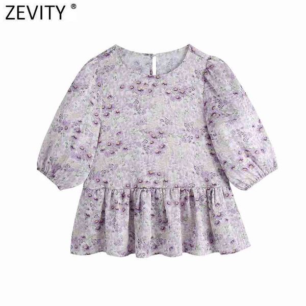 

zevity women sweet floral print pleats ruffles chiffon shirts female puff sleeve casual slim blouse roupas chic ls9195 210419, White