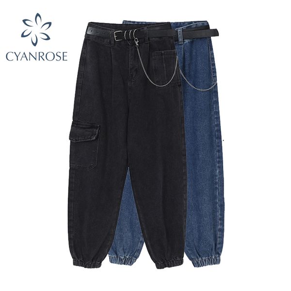 

woman jeans harem pants with belt boyfriend blue spring loose casual vintage high waist wide leg cargo pants denim trousers 210417