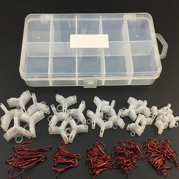 

fishing hooks 55 pcs/box red triple-cornered shaped + 25pcs /box accessories available three protective set plastic tack