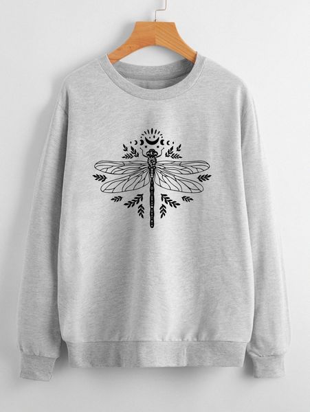 

plant & dragonfly print sweatshirt s9xp#, White;black
