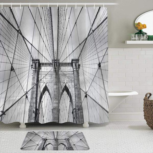

shower curtain sets with non-slip rugs,landscape usa new york brooklyn bridge cityscape scenery,waterproof bath curtains hooks