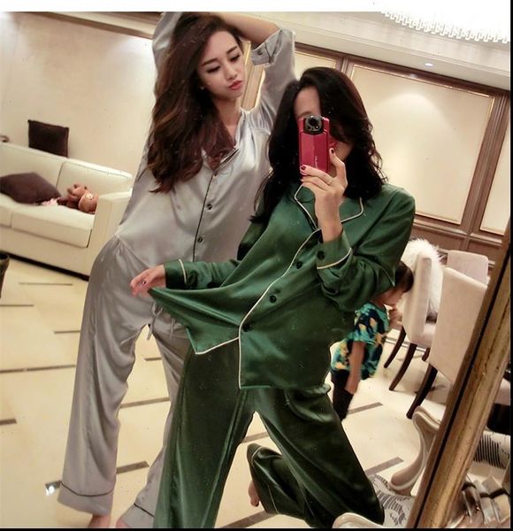

autumn fashion satin pajama set women sleepwear silk pyjamas plus size pijama nightie two pieces home clothes, Black;red