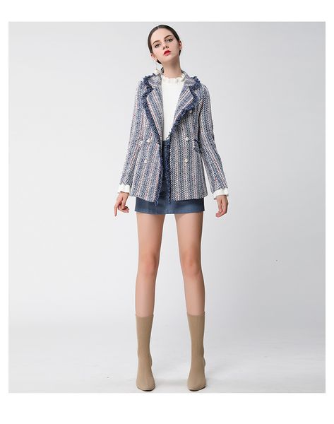 

autumn retro blue striped tassel tweed suit jacket new fashion long sleeve lapel elegant coat women outwear, Black;brown