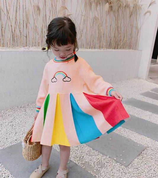 

rainbow girl dress spring cotton embroidery long sleeve es casual baby clothes 1-5y e0 210610, Red;yellow