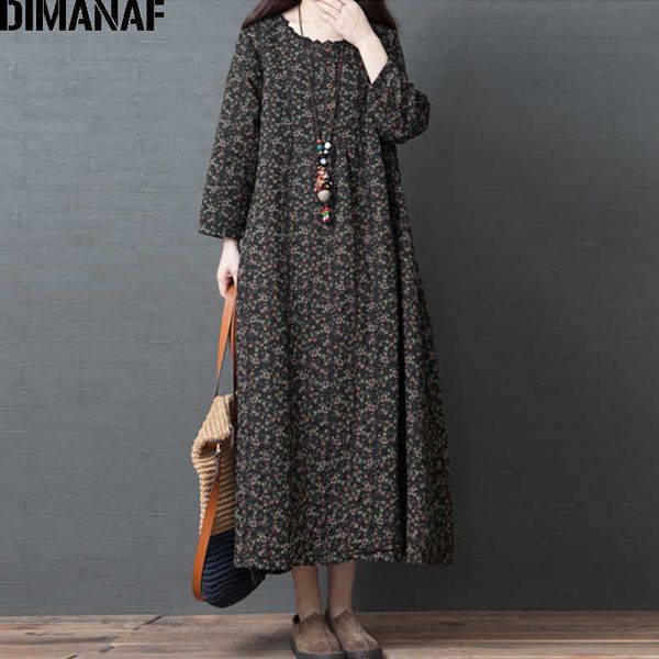 

plus size women dress vintage cotton linen autumn loose female vestidos print floral button lady clothes 210531, Black;gray