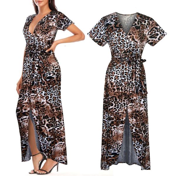 

ll women's bohemian holiday v-neck short sleeve leopard slit dress, Black;gray