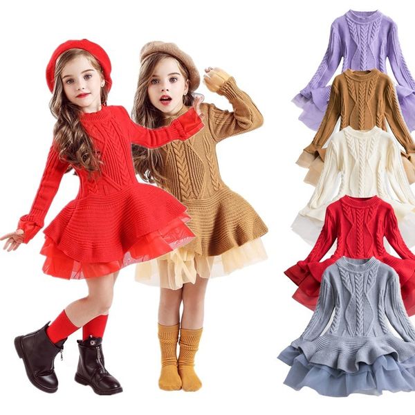 

classic autumn winter girls dress sweater knitted children clothing christmas party girl clothes long sleeve tutu kids dresses for girls, Red;yellow