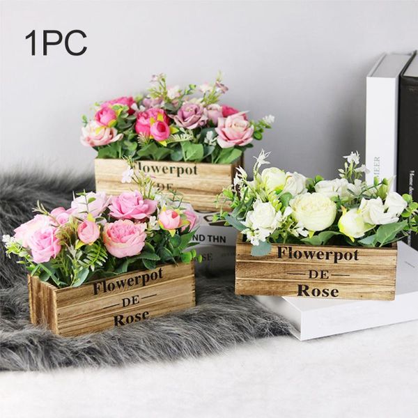 

gift artificial rose flowers pot realistic home decor living room wooden box office arrangement party indoor deskwedding decorative & wr
