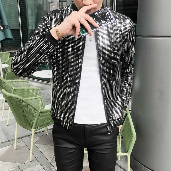 

men's jackets glitter sequins punk style summer thin outerwear coat male stage nightclub dancing slim fit fashion jacket for men 211009, Black;brown