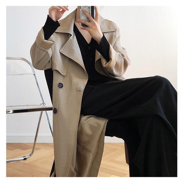 

women's trench coats windbreaker jacket women autumn loose coat with belt mid-length double breasted casual thin section outerwear fema, Tan;black