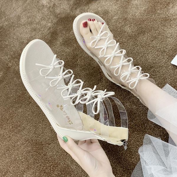 

sandals 2021 transparent bow strappy gladiator women fashion hollow out cover heel sandalias boots woman casual flat shoes, Black