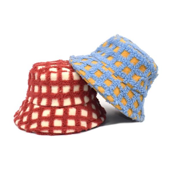 

wide brim hats winter warm fisherman panama caps for women imitate lambs wool lattice bucket casual outdoor thick basin hat, Blue;gray