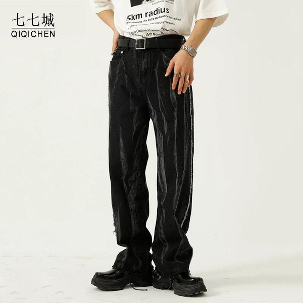 

men's pants side burrs baggy jeans hip hop streetwear tie dye straight mid waist pant punk style washed black denim trousers male
