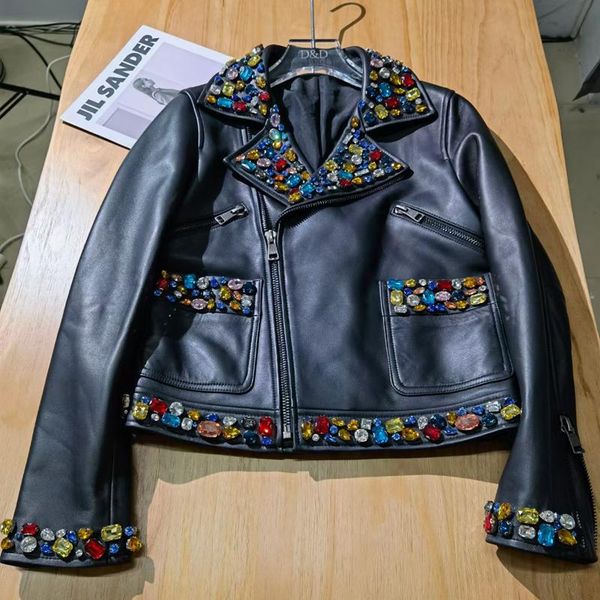 

women's leather & faux jacket short spring 2021 fashion import zealand sheepskin coat stitching colorful gems locomotive model style, Black