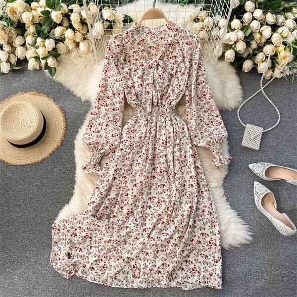 

women's fashion retro garden forest floral dress v-neck bow bubble sleeve ruffle midi vestidos d045 210506, Black;gray