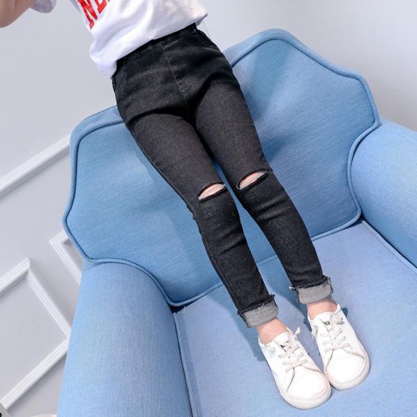 

jeans girl/black for baby girl fashion/ripped teen girls denim pants clothes kids/elastic/toddler 8 9 10 11 12, Blue