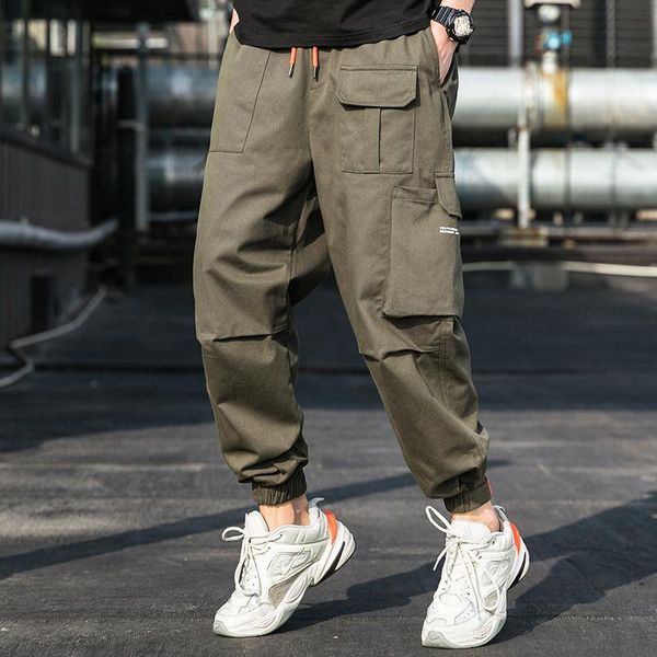 

men's pants casual cargo cotton loose side pockets joggers men sweatpants fashion hip hop harem streetwear overalls, Black