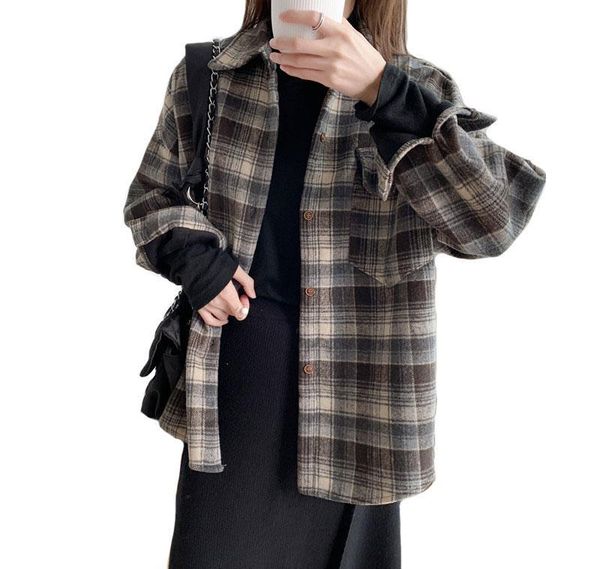 

women's blouses & shirts 2021 vintage female long sleeve woolen coat fashion ladies thick loose plaid blouse women streetwear elegant o, White