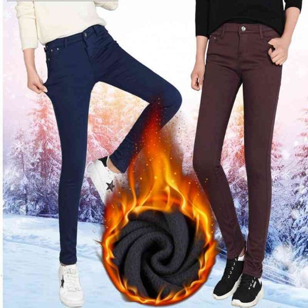 

women's jeans warm skinny for woman plus size candy color thick velvet winter women stretch denim pencil pants 0cmz, Blue