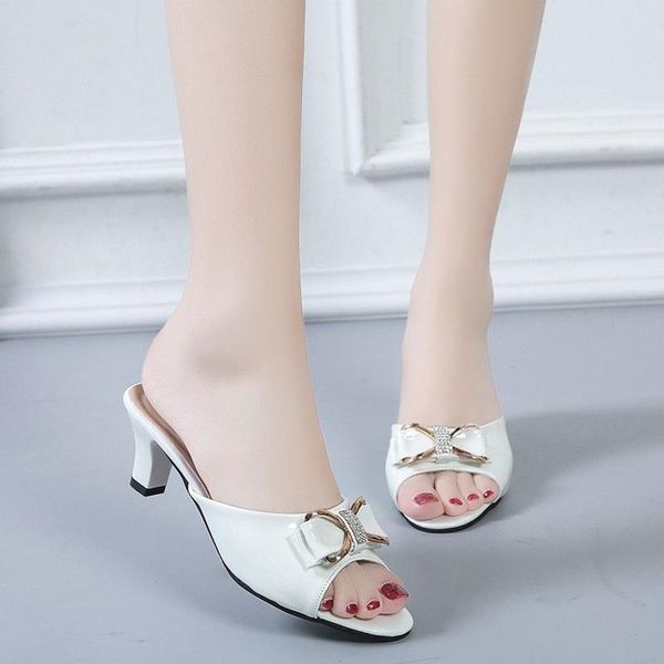 

slippers white pu leather rhinestone butterfly-knot women designer luxury peep-toe slides 2021summer sandals plus size 35-42, Black