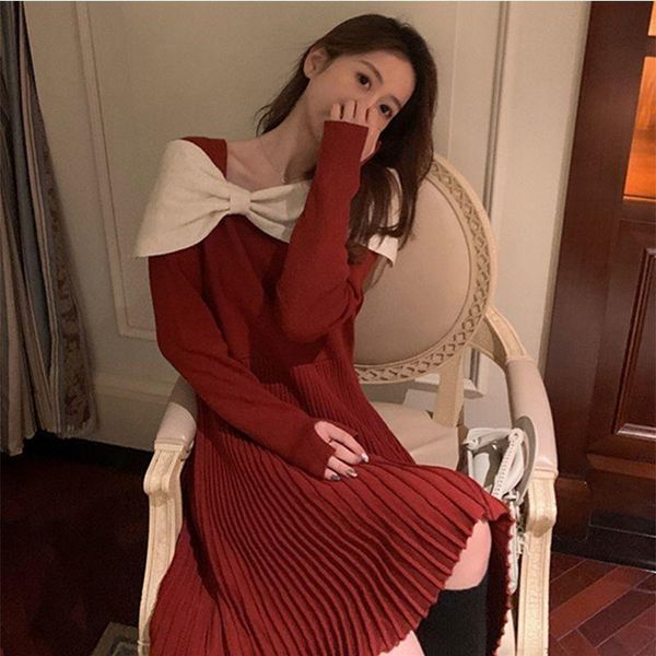 

casual dresses women a-line elegant bow patchwork mini round collar slim 2021 long-sleeve empire retro preppy red design y254, Black;gray