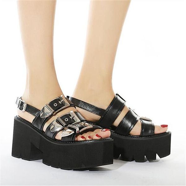 

dress shoes pxelena plus size 35-43 gothic buckle punk street gladiator sandals women 2021 summer platform chunky high heels nightclub, Black