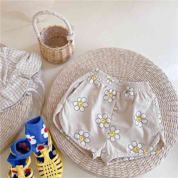 7765 Baby Mädchen Kleidung Mode Kurze Koreanische Sommer Sonnenblumen Druck S 1-7T Kinder Hosen Baumwolle Outfits 210723