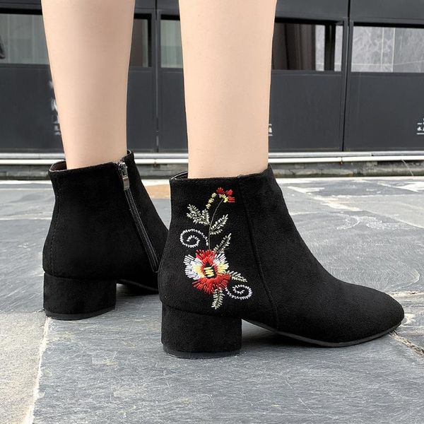 

boots shoes woman fashion women autumn winter suede flower side zipper with ankle, Black