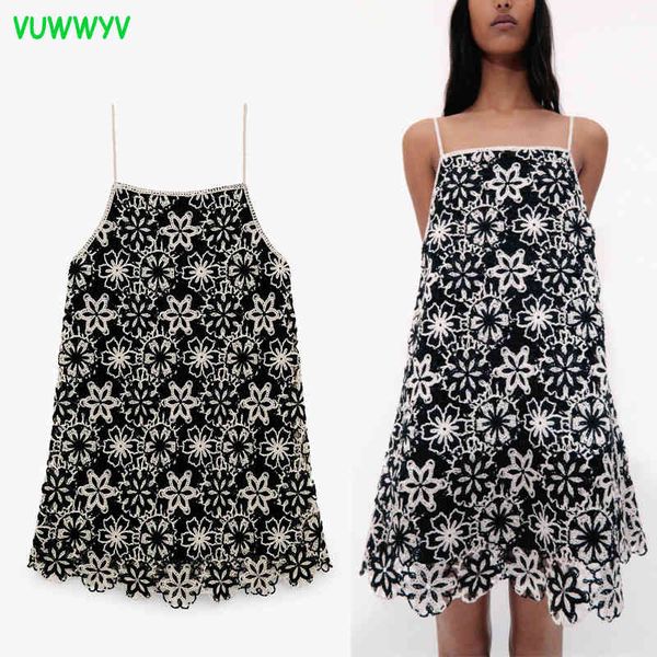 Sommerkleid Frau Schwarz Floral Häkeln Rückenfrei Slip Minikleider Frauen Vintage Dünner Riemen Kurz Damen Futter 210430