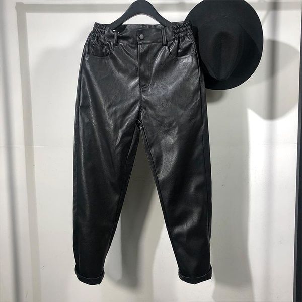 

men's pants personality men casual cargo harem high street hip hop length faux leather sweatpants autumn winter black big size