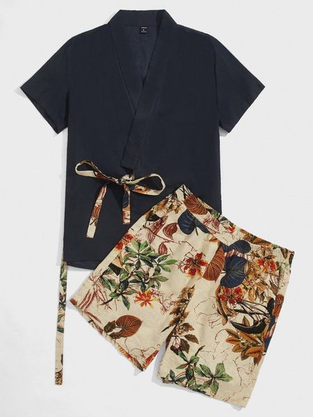 

men wrap kimono shirt & plants shorts set k3ma#, Gray