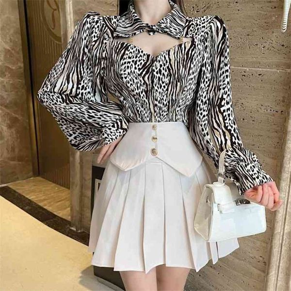 

korean ol 2 piece set women long sleeve leopard shirt blouses + high waist pleated skirts sets suits femme two outfits 210514, White