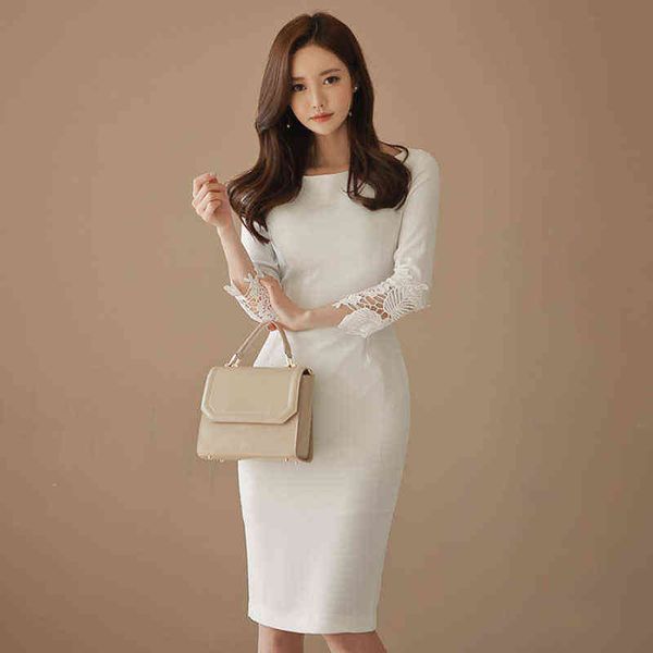 

thick warm autumn winter new elegant formal party dress lace sleeve white slim sheath dress office lady work spring y1204, Black;gray