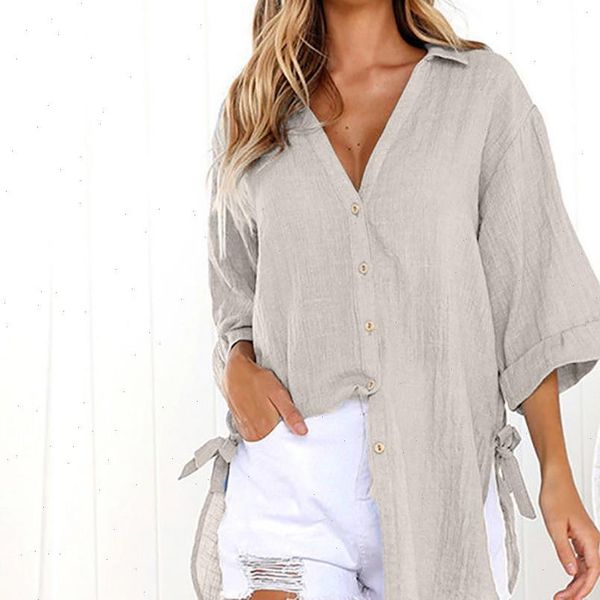 

38 women yellow shirt blouse loose cotton linen buttons lapel solid ladies split bow tied summer casual, White