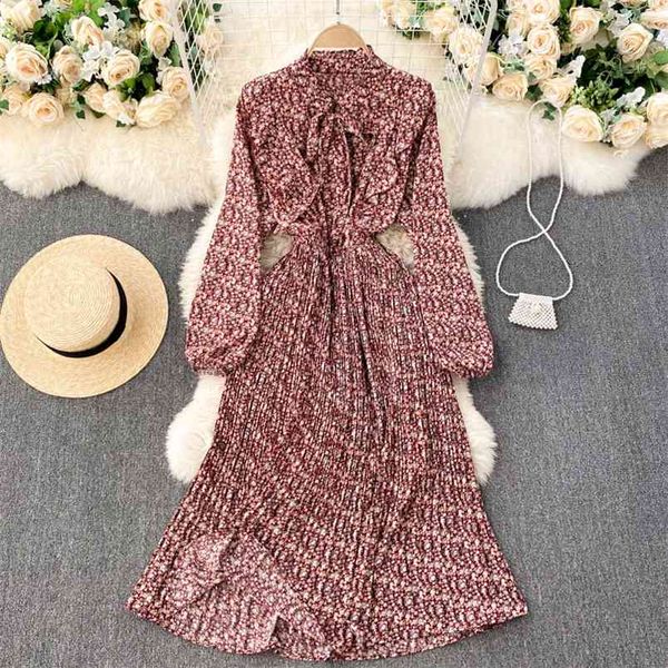 

spring fashion french vestidos female sweet wood ears stand collar slim midi pleated floral platycodon dress c417 210506, Black;gray