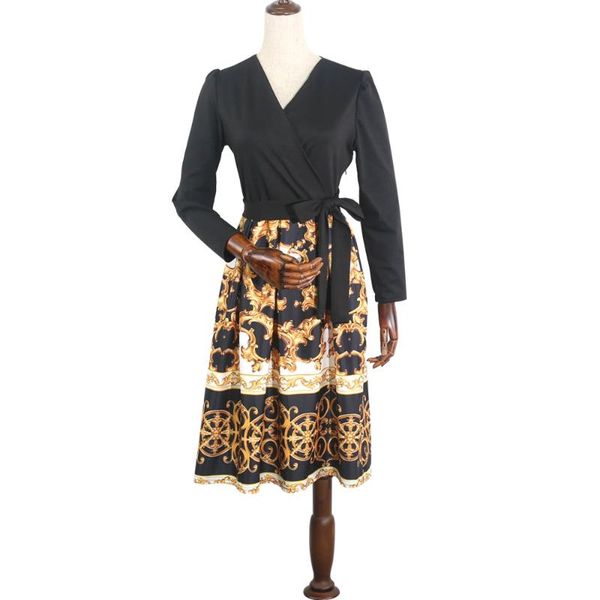 

casual dresses knowdream lace knit elastic printing size circle dress belt long sleeve, Black;gray