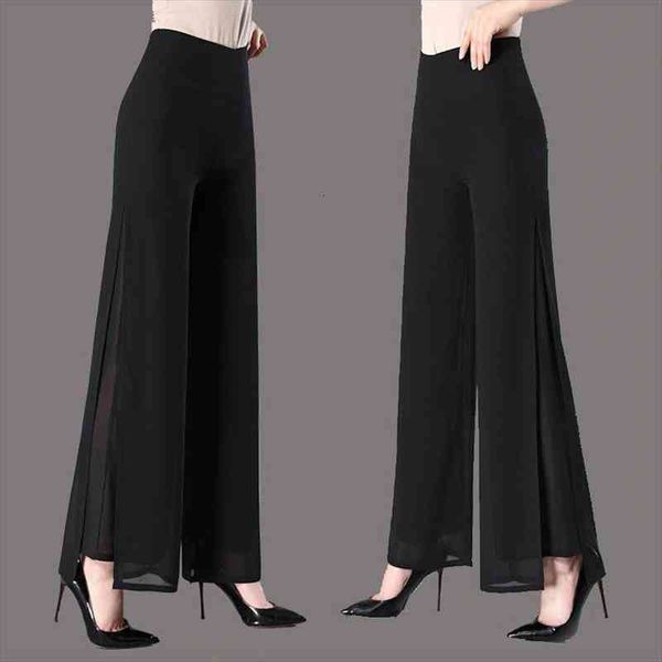 

women pants double-layer chiffon womens summer high waist loose square dance trousers swing pants culottes pantalones de mujer, Black;white
