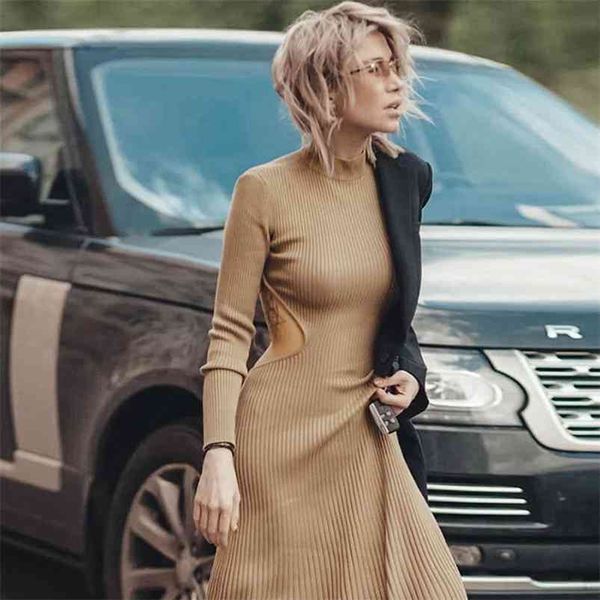

backless knitted long maxi dress women sleeve purple party a-line knitwear chic turtleneck 210427, Black;gray