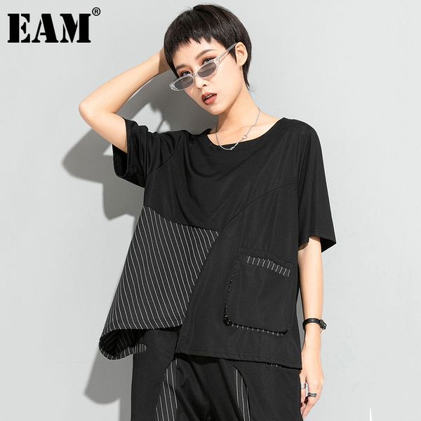 

[eam] women black striped irregular big size t-shirt round neck short sleeve fashion spring summer 1dd8610 21512, White