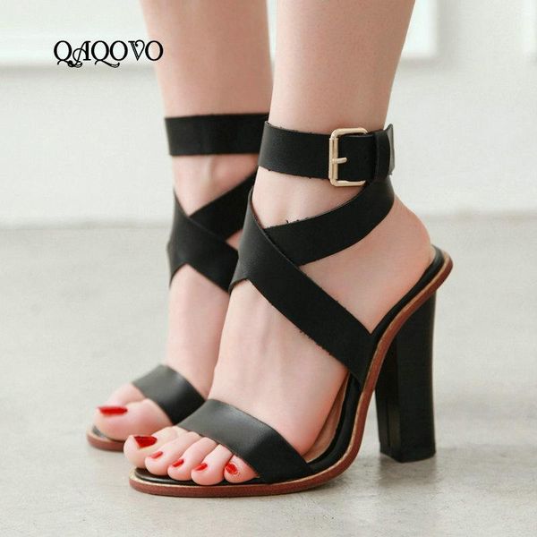 

women summer gladiator sandals high heels squre ladies shoes ankle cross-tied adjustable buckle party, Black