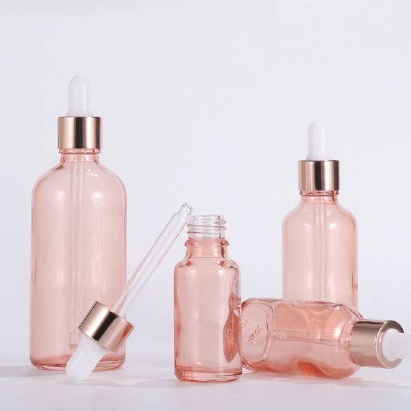 

10pcs/lot 5-100ml rose-gold cap pink glass dropper pipette bottles for essence liquidessential/massage oil refillable container