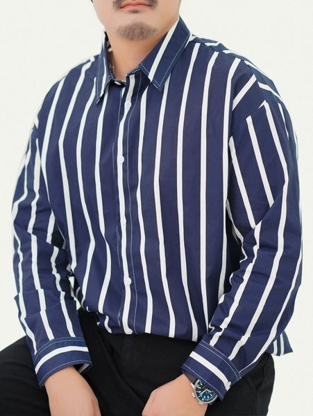 

extended sizes men striped print button front shirt h2wy#, White;black
